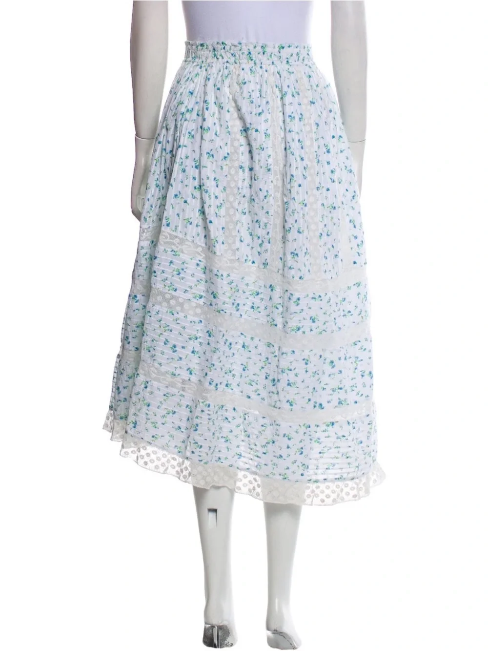 LoveShackFancy Floral Lace A-Line Skirt Blue White Cottagecore Medium $400